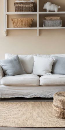 A cozy living room features a white sofa adorned with gray pillows complemented by a woven basket and neutral-colored rug. Shelves above display decorative items enhancing the inviting atmosphere.の素材