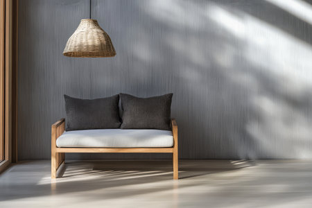 A modern seating area features a wooden bench with gray cushions under a woven pendant light. Soft shadows play on the floor highlighting the minimalist design and calming atmosphere.の素材