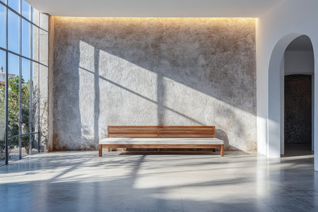 A spacious indoor area features a wooden bench positioned against a textured wall. Natural light streams through large windows enhancing the minimalist design and creating a serene atmosphere.の素材