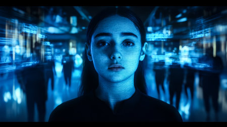 A young woman gazes forward with a calm expression as blue digital patterns surround her. This futuristic environment features indistinct figures in the background creating a tech-savvy atmosphere.の素材