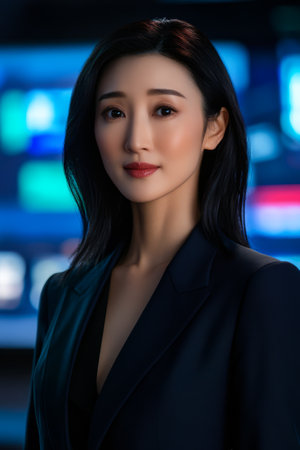 A female presenter stands confidently in a sleek black suit poised for a news broadcast. The modern studio's colorful screens illuminate the background emphasizing her professionalism and focus.の素材