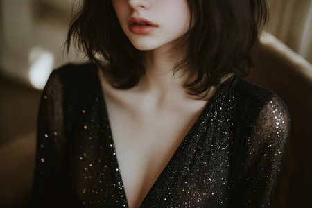 A close-up view of a person dressed in a black sparkling outfit showcasing delicate details and soft lighting. The focus is on the neckline and the hairstyle creating an elegant atmosphere.の素材