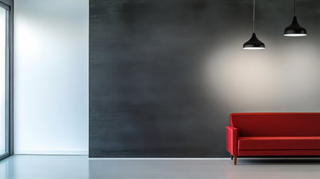 A contemporary room showcases a bright red sofa against a dark textured wall. The space is well-lit with stylish hanging lights creating a welcoming atmosphere.の素材