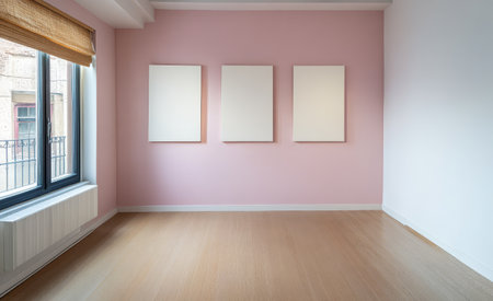 A spacious interior features soft pink walls and three blank canvases positioned in a minimalistic style. Natural light streams in through a large window enhancing the calm atmosphere.の素材