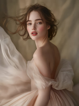 A young woman radiates beauty in a soft flowing dress her hair gently tousled. She poses with allure exuding a sense of elegance and confidence amid a softly blurred background.の素材