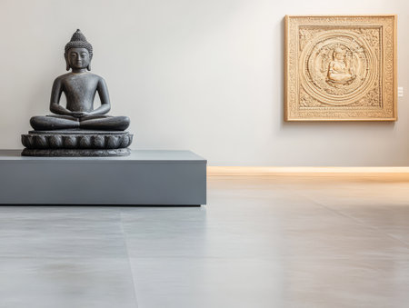 A peaceful Buddha statue sits atop a platform in a minimalist gallery. The textured wall art featuring intricate designs adds contrast to the modern decor.の素材