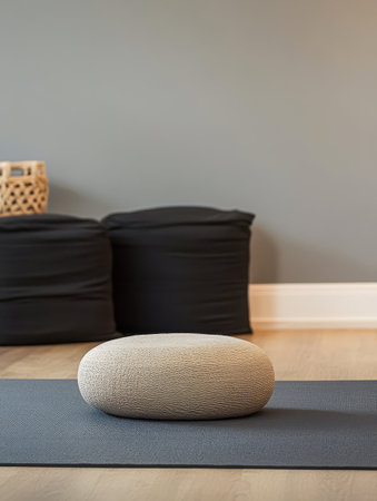 A stylish meditation corner features a soft cushion on a yoga mat surrounded by black bean bags and neutral walls creating a tranquil atmosphere for mindfulness and relaxation.の素材