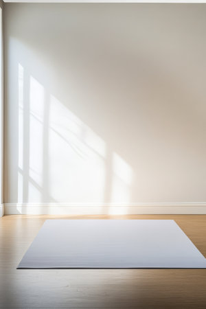 A spacious softly lit room features a white yoga mat placed on a wooden floor. Sunlight streams through the window creating delicate shadows on the wall adding warmth and serenity.の素材