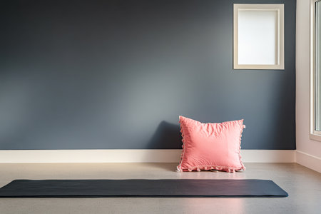 A yoga mat lies flat on the light floor of a calm modern room adorned with dark walls. A pink cushion rests nearby inviting relaxation and mindfulness practice.の素材