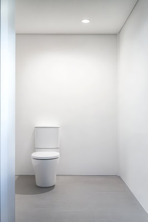 A minimalist restroom showcases a sleek white toilet against a plain white wall. The floor is smooth and gray while soft lighting adds a calm ambiance to the space.の素材