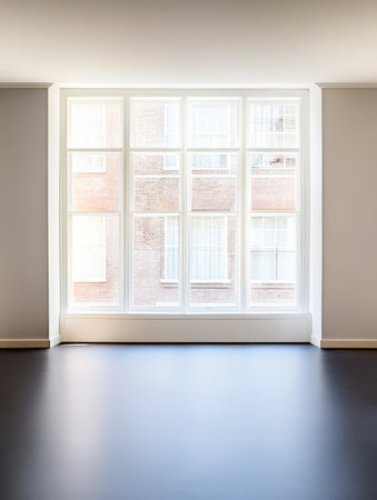 Natural light floods a spacious room through a large framed window. The clean lines and neutral colors create a tranquil atmosphere perfect for relaxation or creative activities.の素材
