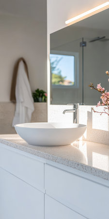 A spacious bathroom features a sleek white sink on a polished countertop brightened by natural sunlight. A vase of flowers and a robe hanging nearby enhance the tranquil ambiance.の素材