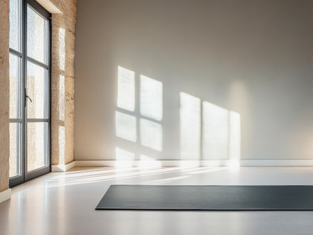 A spacious yoga area featuring a simple mat on the floor. Soft sunlight streams through large windows creating a calm atmosphere. The walls are unadorned enhancing the tranquil setting.の素材