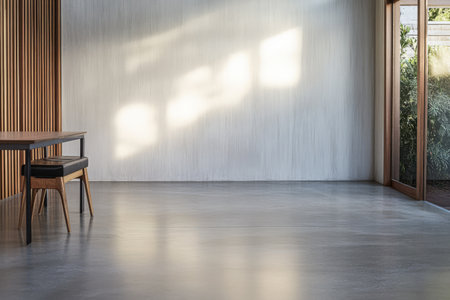 A spacious minimalist interior showcases a wooden table beside a large window. Natural light pours in illuminating the smooth concrete floor and enhancing the serene atmosphere.の素材