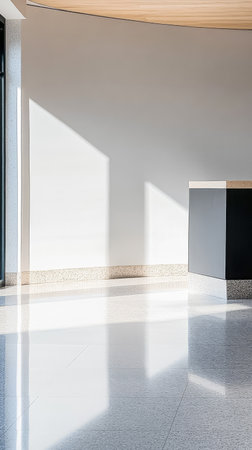 Sunlight streams through large windows creating long shadows on the polished floor of a contemporary room. A sleek black and stone countertop adds to the modern aesthetic.の素材