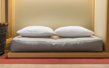 Soft pillows rest on a modern bed platform against a light backdrop. The warm tones and simple lines create a calming atmosphere ideal for relaxation and comfort.の素材