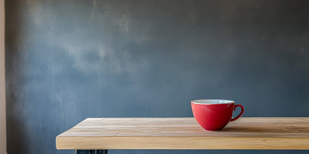 A bright red cup is placed on a smooth wooden table against a textured dark wall. The setting showcases a minimalist design emphasizing simplicity and color contrast.の素材