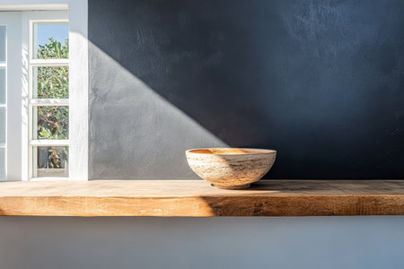 Soft sunlight streams through a window casting a lovely glow on a simple wooden table. A rustic bowl sits prominently contrasting beautifully with the dark wall behind it.の素材