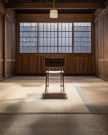A serene traditional room features warm wooden walls and tatami flooring. A single chair positioned in the center faces a large window allowing soft light to permeate the space.の素材