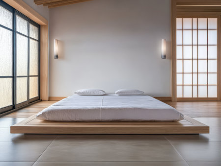 A serene bedroom showcases a low wooden bed with white bedding. Natural light streams through large windows enhancing the minimalist aesthetic of the space with wooden elements.の素材