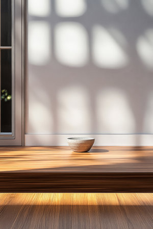 Soft natural light streams through a window creating gentle shadows on a clean wall. A simple bowl rests on a wooden platform enhancing the minimalist aesthetic of the serene space.の素材
