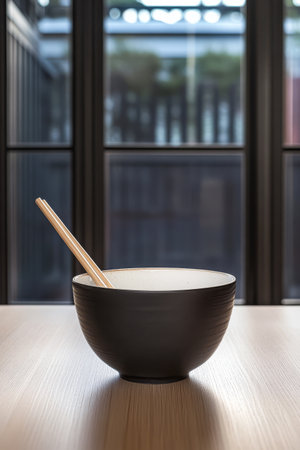 A black bowl with chopsticks rests on a wooden table in a contemporary restaurant. Large windows provide a view of the outdoors creating a serene dining atmosphere.の素材