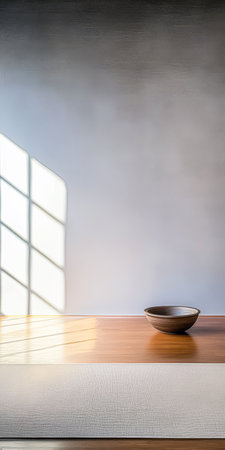 Sunlight filters through a window casting geometric patterns on a wooden table where a plain bowl rests. The ambiance is calm and minimalist creating a peaceful atmosphere.の素材