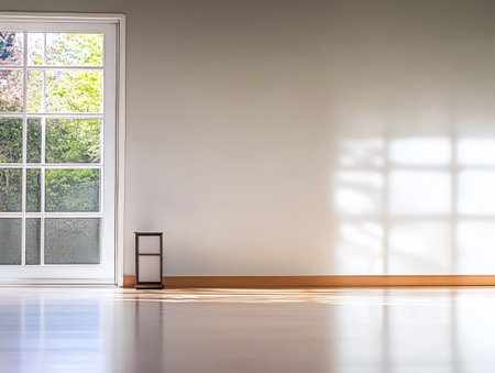 Sunlight filters through a glass door illuminating a minimalist room with polished wooden floors. A simple lamp stands against a wall casting soft shadows from the light.の素材