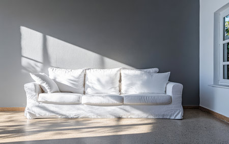 A well-lit living area showcases a soft white sofa with plush cushions. The gray wall creates a modern ambiance and sunlight casts shadows on the floor.の素材
