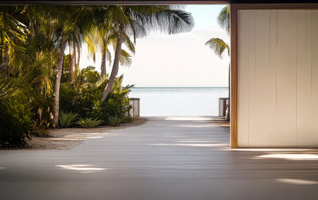 A serene coastal view can be seen through an open doorway framed by lush tropical foliage. The calm ocean stretches into the distance under a clear sky.の素材