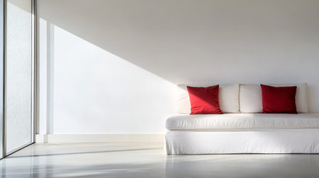 A spacious living area features a white sofa with red cushions. Sunlight streams in through large glass doors creating a serene atmosphere. The minimalist design emphasizes smooth lines and comfort.の素材
