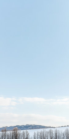 A tranquil winter setting showcases a vast blue sky with subtle clouds while distant mountains create a beautiful backdrop. Trees line the horizon enhancing the peaceful atmosphere.の素材
