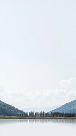 A serene lake stretches across the landscape perfectly mirroring the surrounding mountains and dense forest. Soft clouds drift above contributing to the peaceful atmosphere.の素材