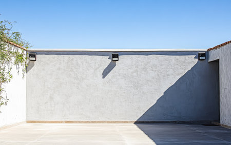 This outdoor area features a smooth textured wall and a spacious floor. Sunlight casts distinct shadows creating contrasts against the clear blue sky adding depth to the minimalist design.の素材