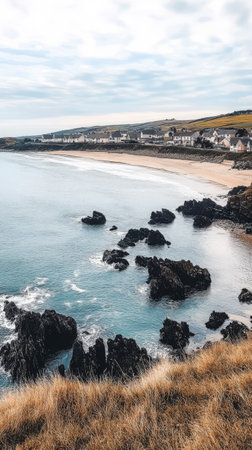 A tranquil coastal view featuring rocky formations along the shoreline. The beach is quiet blending with gentle waves and a backdrop of charming houses.の素材
