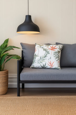 A cozy living area features a sleek black sofa adorned with a colorful botanical pillow. A hanging light fixture illuminates the space complemented by a potted plant nearby.の素材