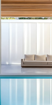 A sleek minimalist sofa sits beside a tranquil reflective pool. Natural light floods the space enhancing the modern design and soft color palette of the surroundings.の素材