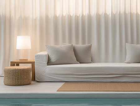 A bright minimalist living room features a white sofa adorned with soft pillows next to a wooden table. A warm lamp and a woven stool complement the tranquil space by the pool.の素材