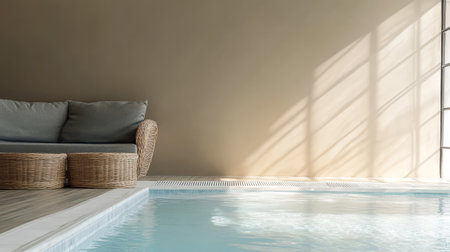 A serene indoor setting featuring a comfortable wicker sofa positioned near a clear pool. Sunlight filters through large windows creating a calming atmosphere perfect for relaxation.の素材