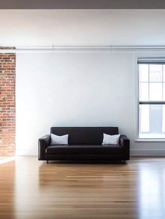 Bright and minimalistic living room featuring a black sofa with two decorative pillows. Light streams through the window enhancing the warmth of the wooden flooring and exposed brick wall.の素材