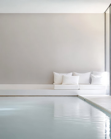 A serene area showcases a calm pool reflecting soft light accompanied by a minimalist seating arrangement with plush cushions enhancing tranquility in the room.の素材