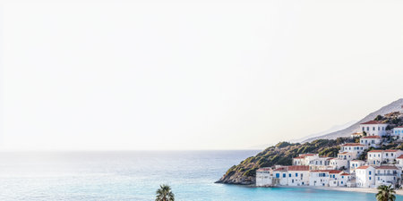 A picturesque coastal village with whitewashed houses and red-tiled roofs sits along the shoreline. The tranquil turquoise sea reflects the warm colors of the sunset creating a soothing atmosphere.の素材