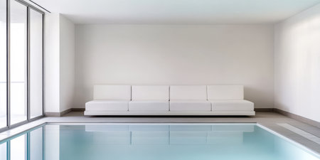 A sleek and airy interior features a white sofa beside a tranquil pool. Large glass walls enhance natural light creating a relaxing atmosphere in a contemporary design.の素材