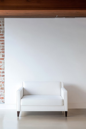 A modern white loveseat is positioned in a minimalist room with a smooth floor.の素材