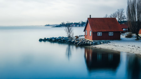 A serene view of a red house by a calm lake during winter. The landscape features snow small rocks along the shore and distant trees creating a peaceful atmosphere.の素材