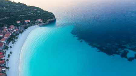 Aerial view captures a tranquil beach with soft white sand clear turquoise waters and green hills in the background creating a peaceful atmosphere during sunset.の素材
