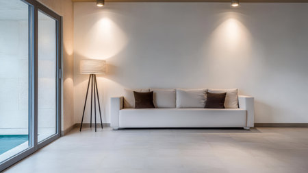 A minimalist living room features a white sofa with brown cushions a standing lamp and large windows allowing plenty of natural light. The room is spacious and inviting.の素材
