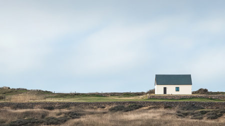 A lone white house sits amidst a vast grassy landscape with low rolling hills. The cloudy sky adds a tranquil mood to the serene setting during dusk emphasizing solitude in nature.の素材
