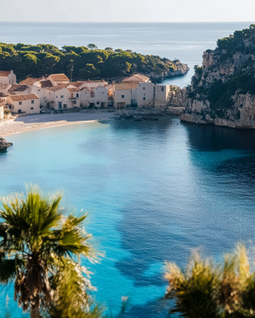 A picturesque coastal village is nestled by clear blue waters surrounded by lush greenery and rocky cliffs. The tranquil setting radiates peace and invites exploration under a warm sun.の素材