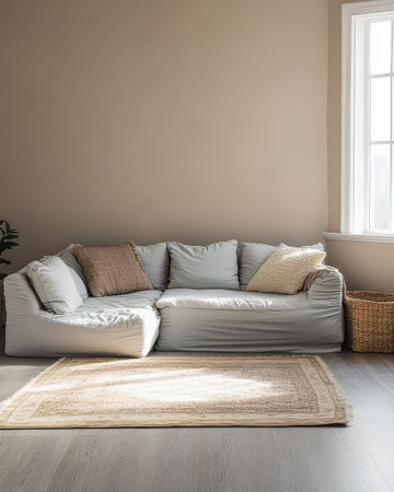A serene living room features a soft light gray sofa adorned with pillows basking in warm natural light from a large window. A textured rug lies on wooden flooring enhancing the cozy atmosphere.の素材